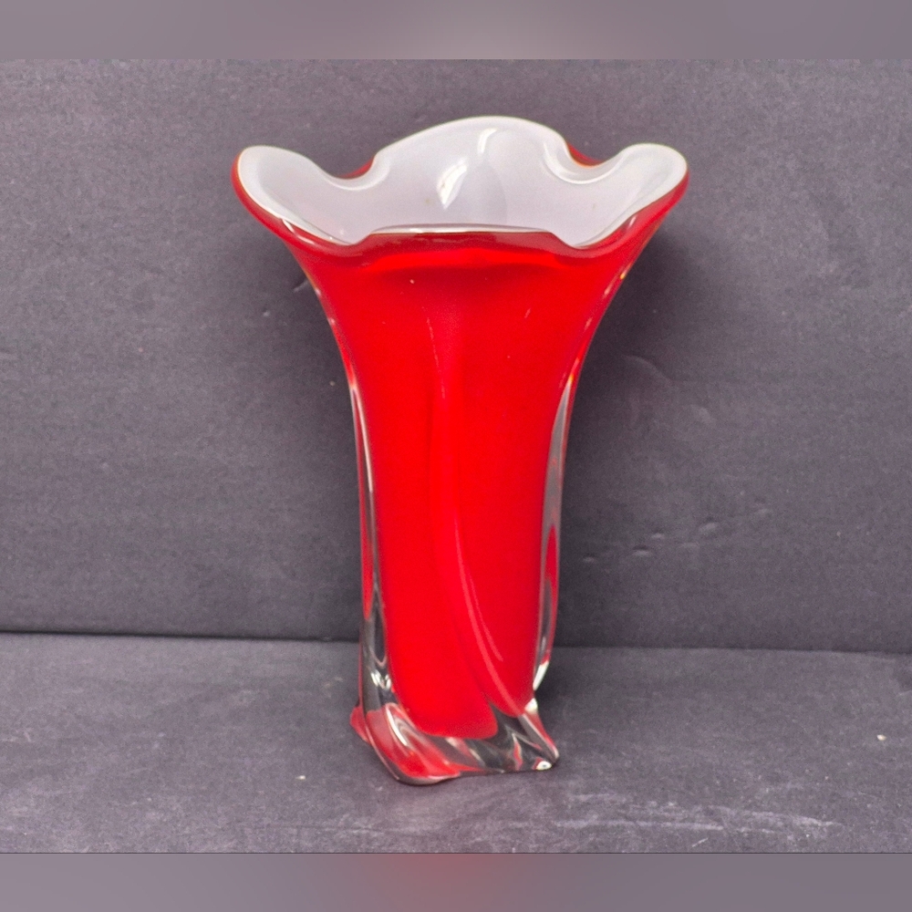 Red Art Glass Vase With White Interior
